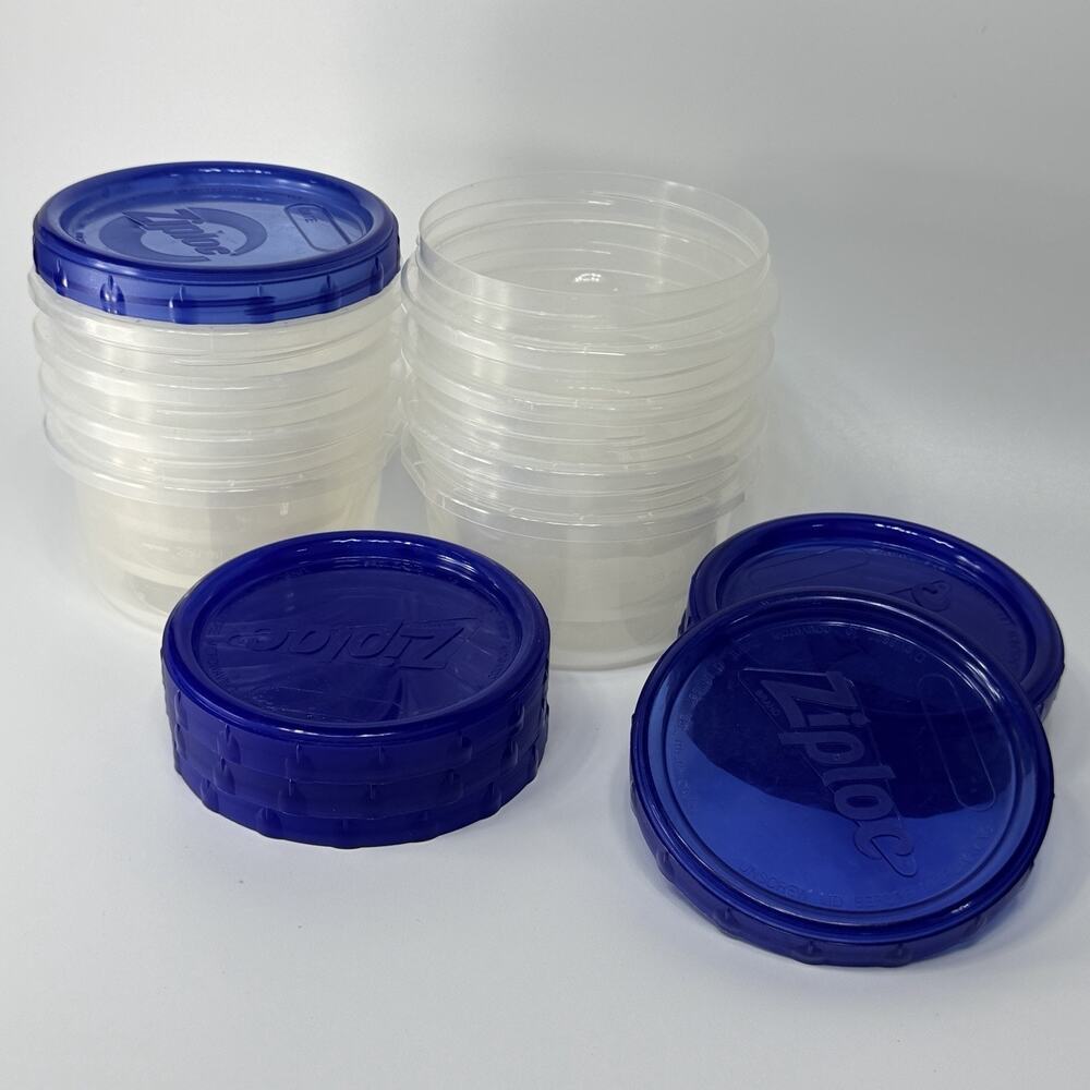 Lot 8 Ziploc Twist n Loc Round Plastic Storage Containers Lids Blue 2 Cup 16 oz